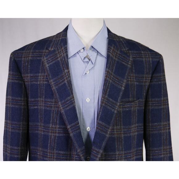 Samuelsohn Blue Brown Plaid Wool Knit Plaid Windowpane Patch Pocket Blazer 48L - Picture 3 of 11